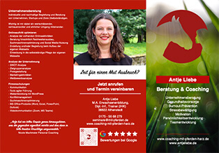 Flyer Antje Liebe | Beratung & Coaching, pferdegestütztes Coaching, Coaching mit Pferden